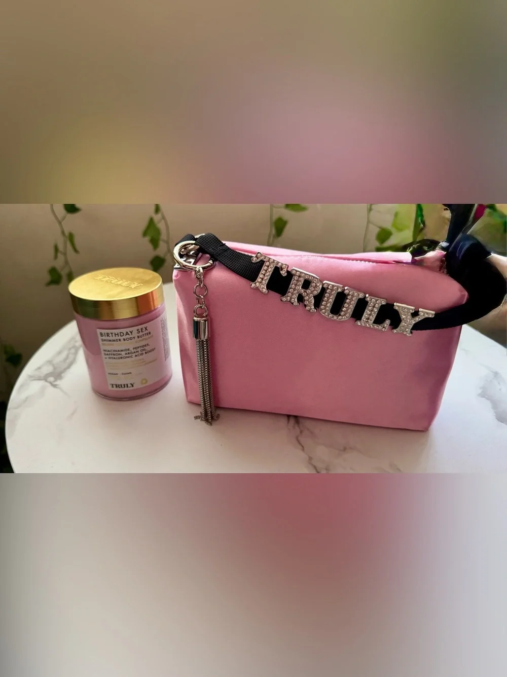 TRULY Pink Satin Pouch with Crystal Letter Strap and body butter set